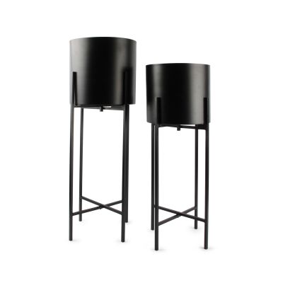 Cache-pot sur pied cylindre mat noir Patio -set/2