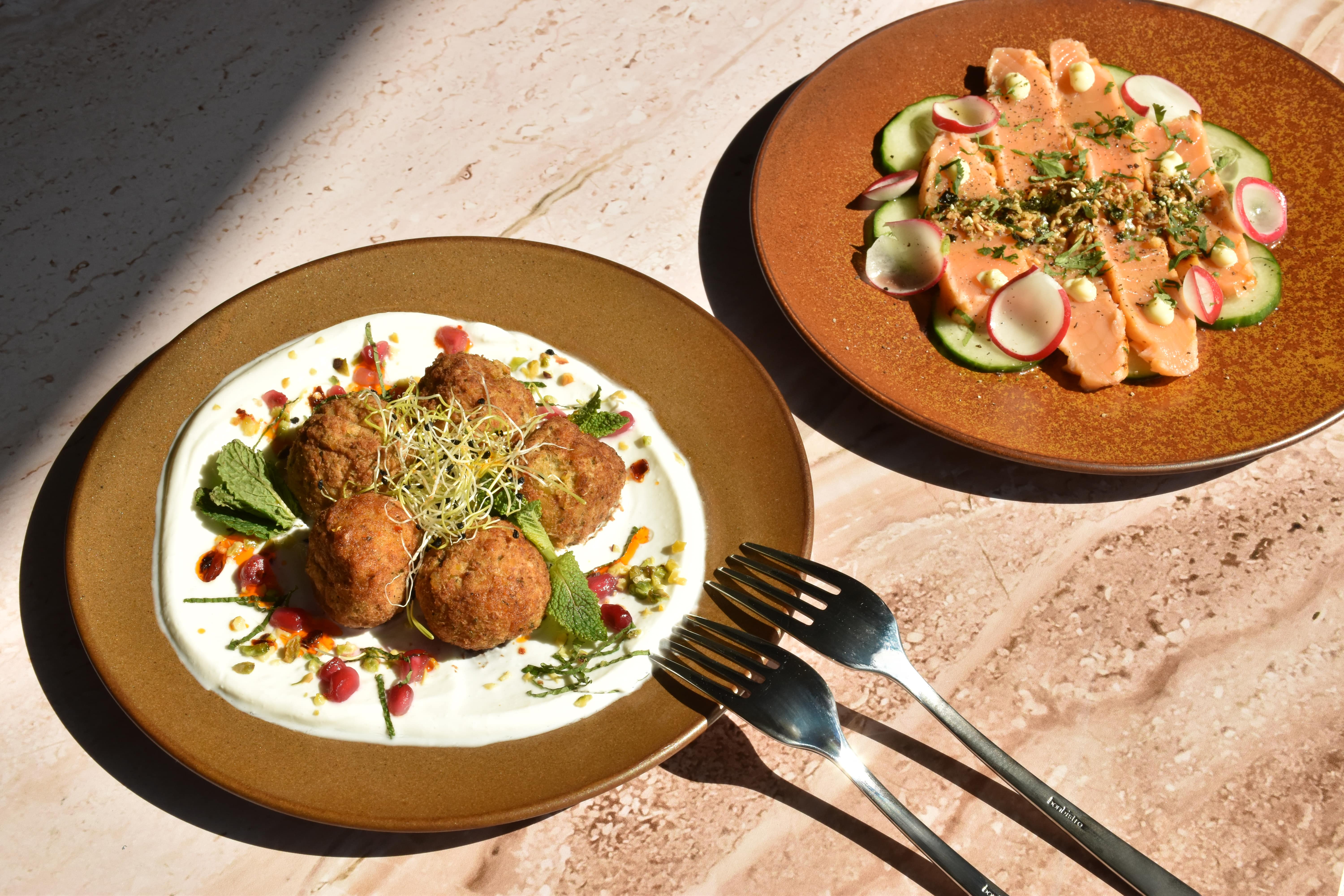Zomerse presentatie van zalm tataki en falafel met yoghurtdip op rustiek Ovio servies, ideaal voor horeca.